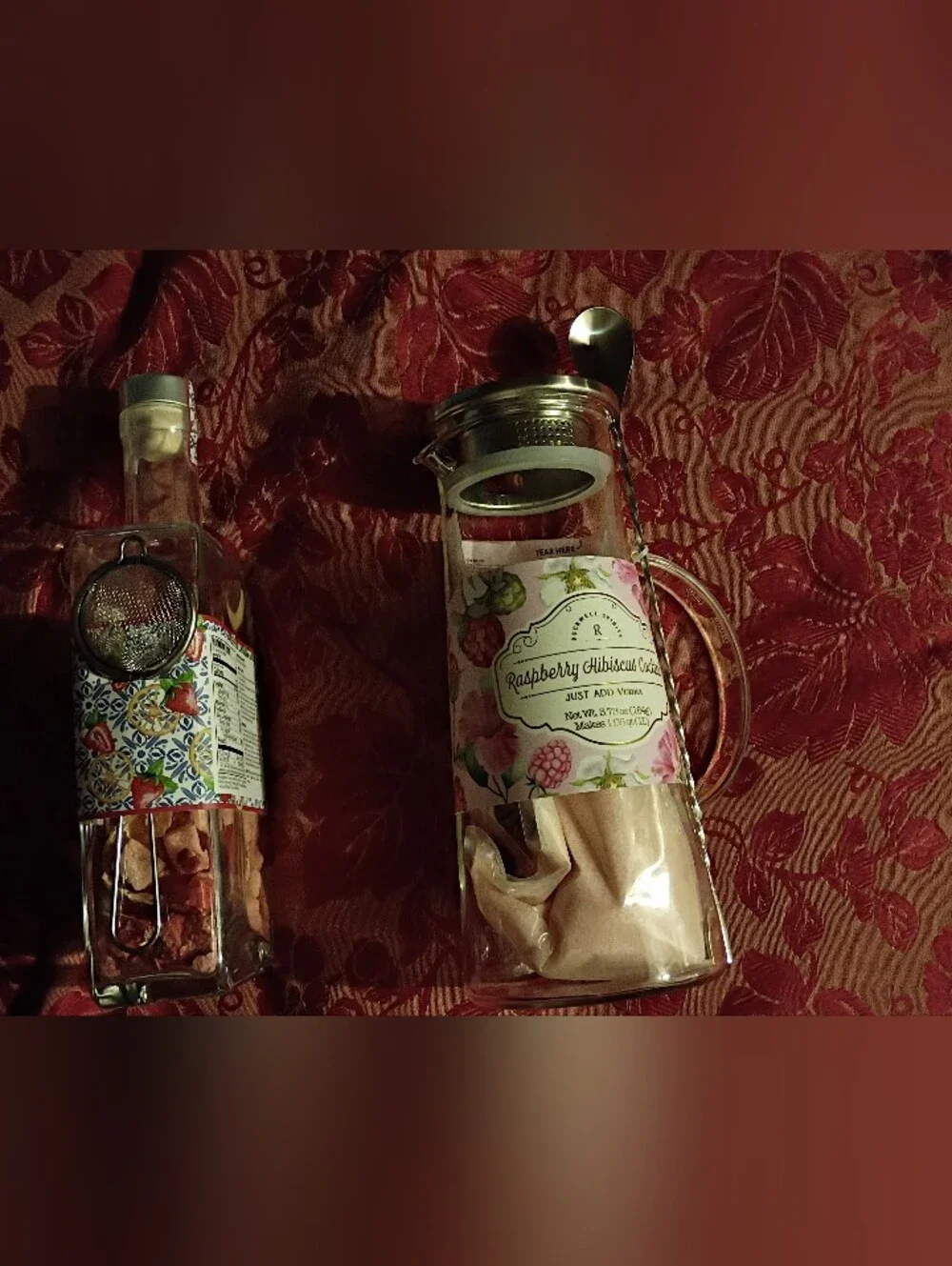 Raspberry Hibiscus Vodka Infusion Kit - Floral Glass Pitcher & Bottle NWT